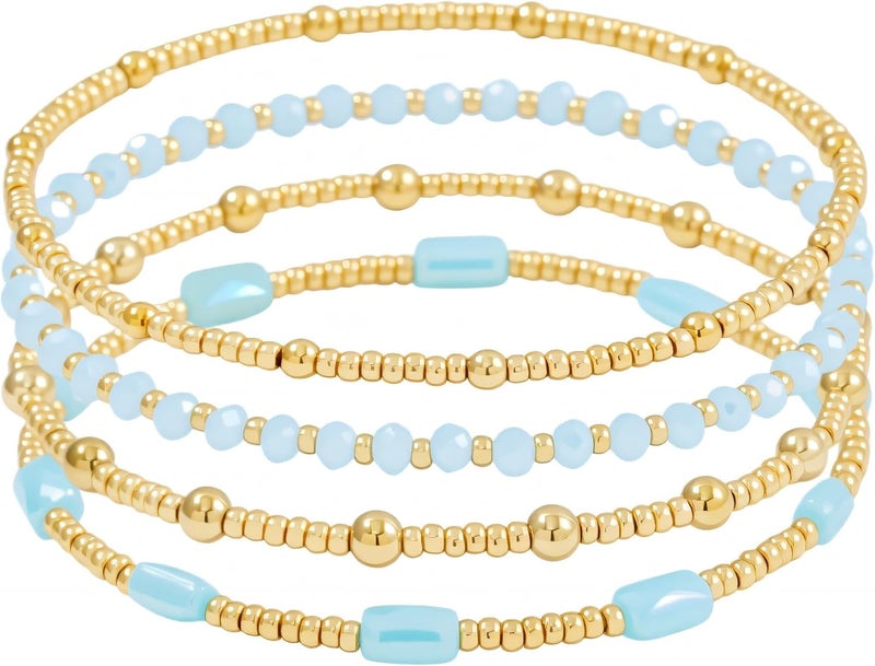 Pymach Store Dainty Gold Plated Pearl Crystal Beaded Bracelets Set for Women 14K Gold Plated Bead Pearl Beads Bracelet Stackable Paperclip Link Chain Bracelets Gold Plated Bracelets for Women Trendy Jewelry - Image 1